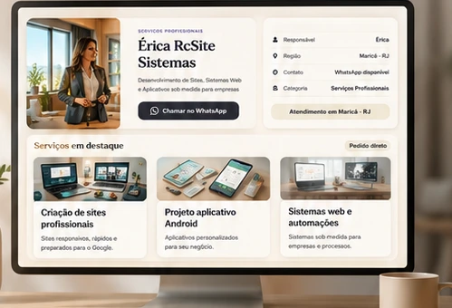 Prévia premium da Vitrine Fácil com serviços em destaque e contato pelo WhatsApp